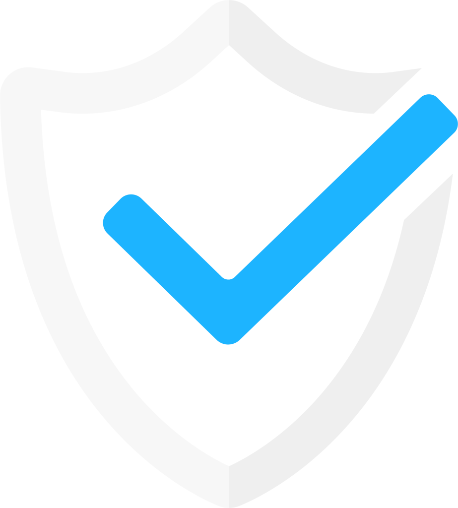 A white shield outline with a large blue checkmark in the center, symbolizing security, protection, or verified status, on a transparent background.