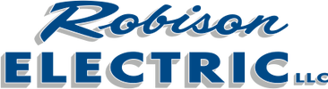 Logo for Robinson Electric LLC, featuring "Robinson" in blue script above "ELECTRIC LLC" in bold blue uppercase letters, all with a gray shadow effect.