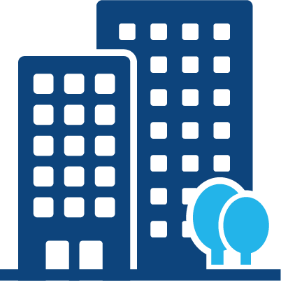 A simple graphic of two blue high-rise buildings with multiple windows, standing side by side, with two stylized blue trees in front.