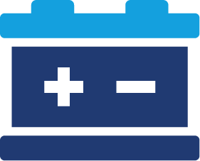 Simple illustration of a blue car battery with a plus and minus symbol indicating positive and negative terminals.