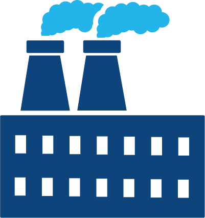 A simple graphic of a factory building with two large smokestacks emitting blue smoke.