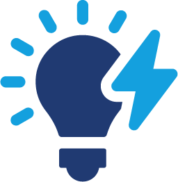 A dark blue light bulb icon with bright blue rays around it and a bright blue lightning bolt overlapping the right side, symbolizing ideas and energy.