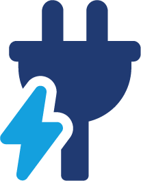 A dark blue electrical plug icon with a light blue lightning bolt symbol overlapping the lower left side, representing electricity or power.