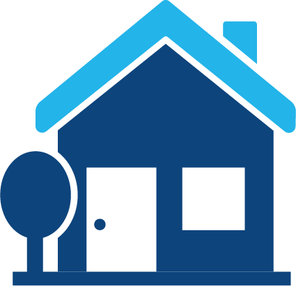 Simple blue icon of a house with a chimney and a tree on the left side in front of the house.