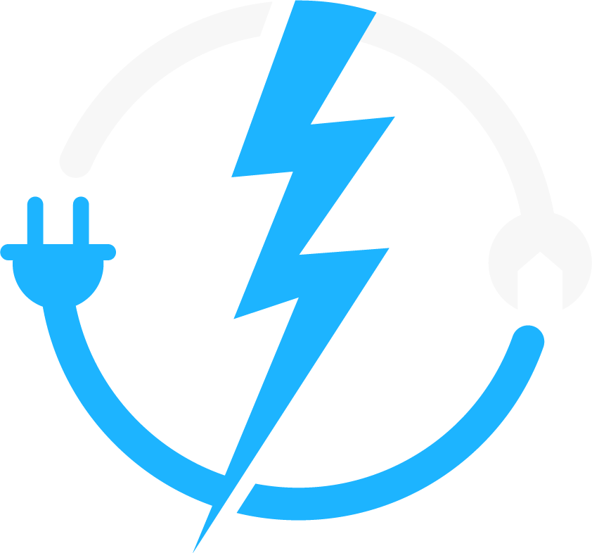 A blue electric plug and cord forming a semicircle around a blue lightning bolt, symbolizing electricity or power.
